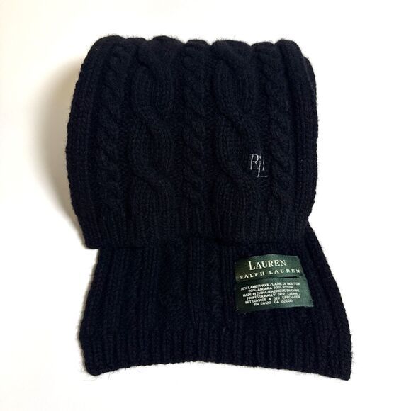 Lauren Ralph Lauren Winter Cable Knit Scarf Solid Black Lambswool Angora Blend - Picture 1 of 6
